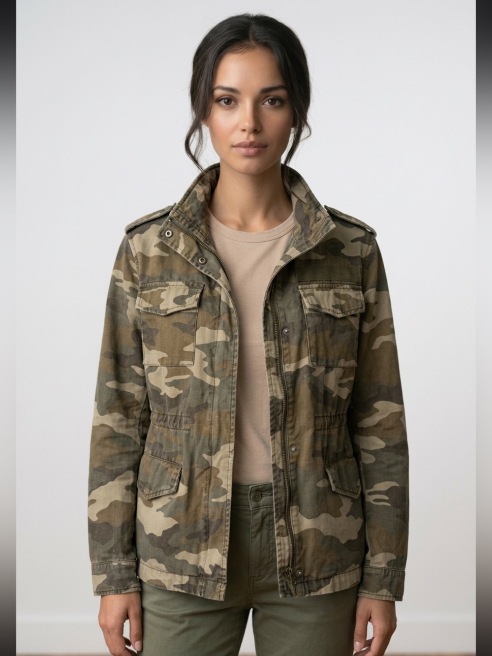 Garage Women's Camouflage Utility Jacket in Green and Brown